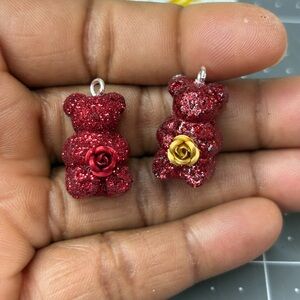 Glittery Red Bear Charms with Red and Gold Rose
